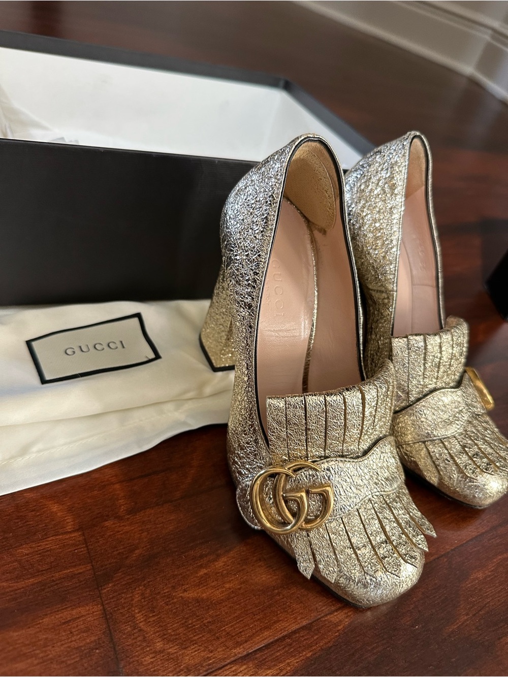 Gucci Gold Glitter Fringe Heeled Loafers with Double G - Picture 7 of 10